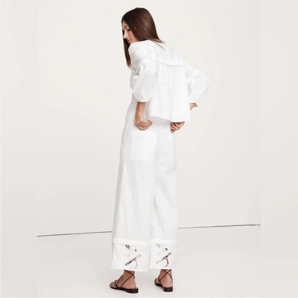 NWT! BR High-Rise Wide-Leg Embroidered Cotton Poplin Cropped Pull-On Pant
